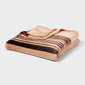 Open Box - Threshold - King Microplush Blanket Khaki Border Stripe - Thre Khaki